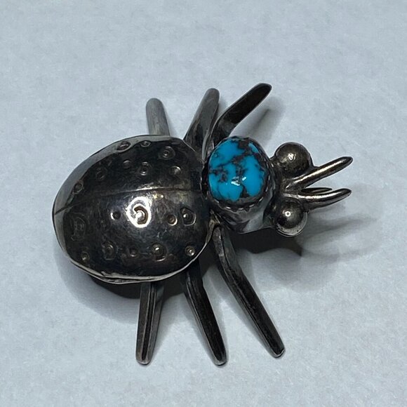 VINTAGE Native Southwest Sterling Silver Turquoise Ladybug Insect Brooch Pin EUC - Picture 7 of 16